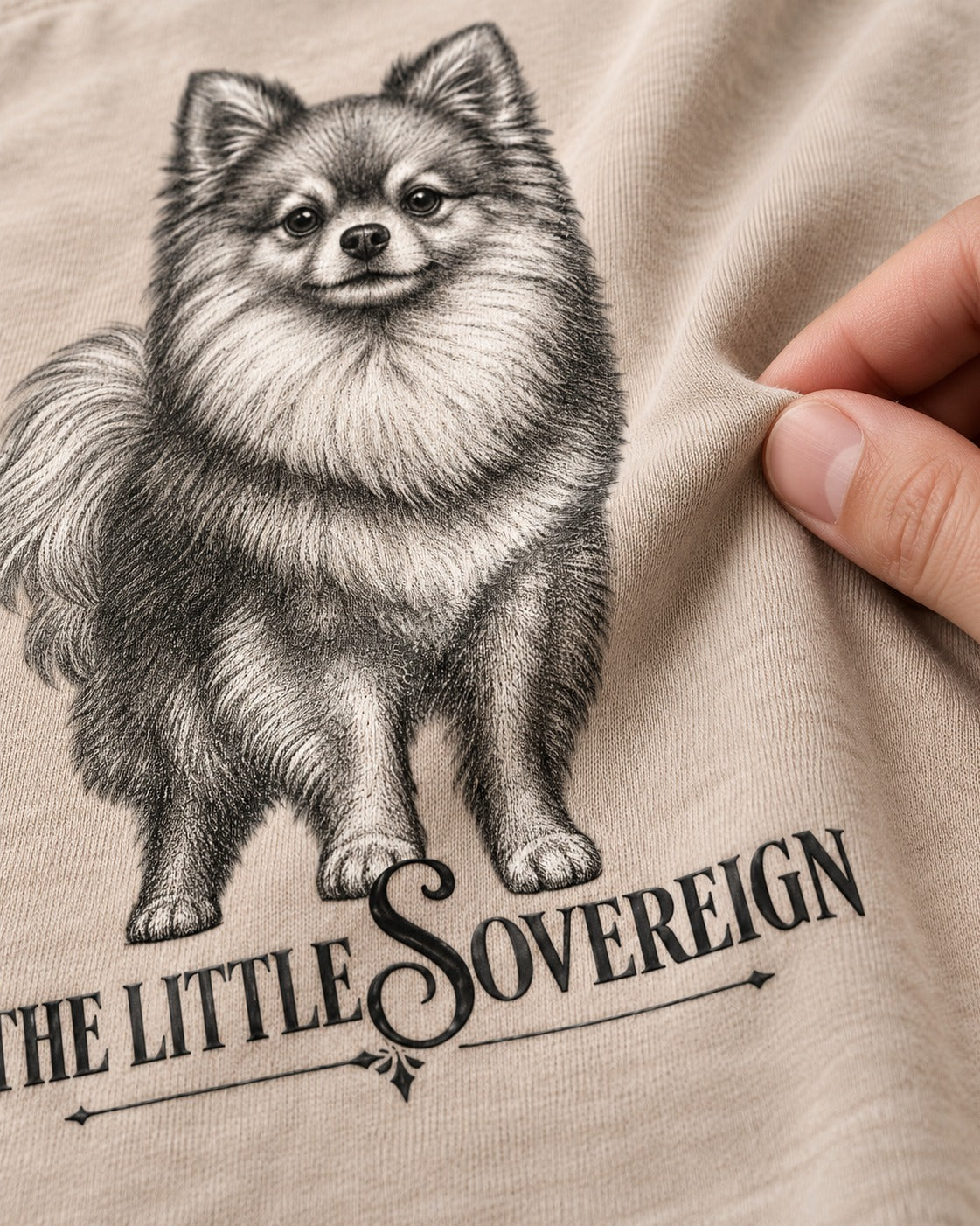 The Little Sovereign Pomeranian Washed Tee in Apricot, close-up of the graphic