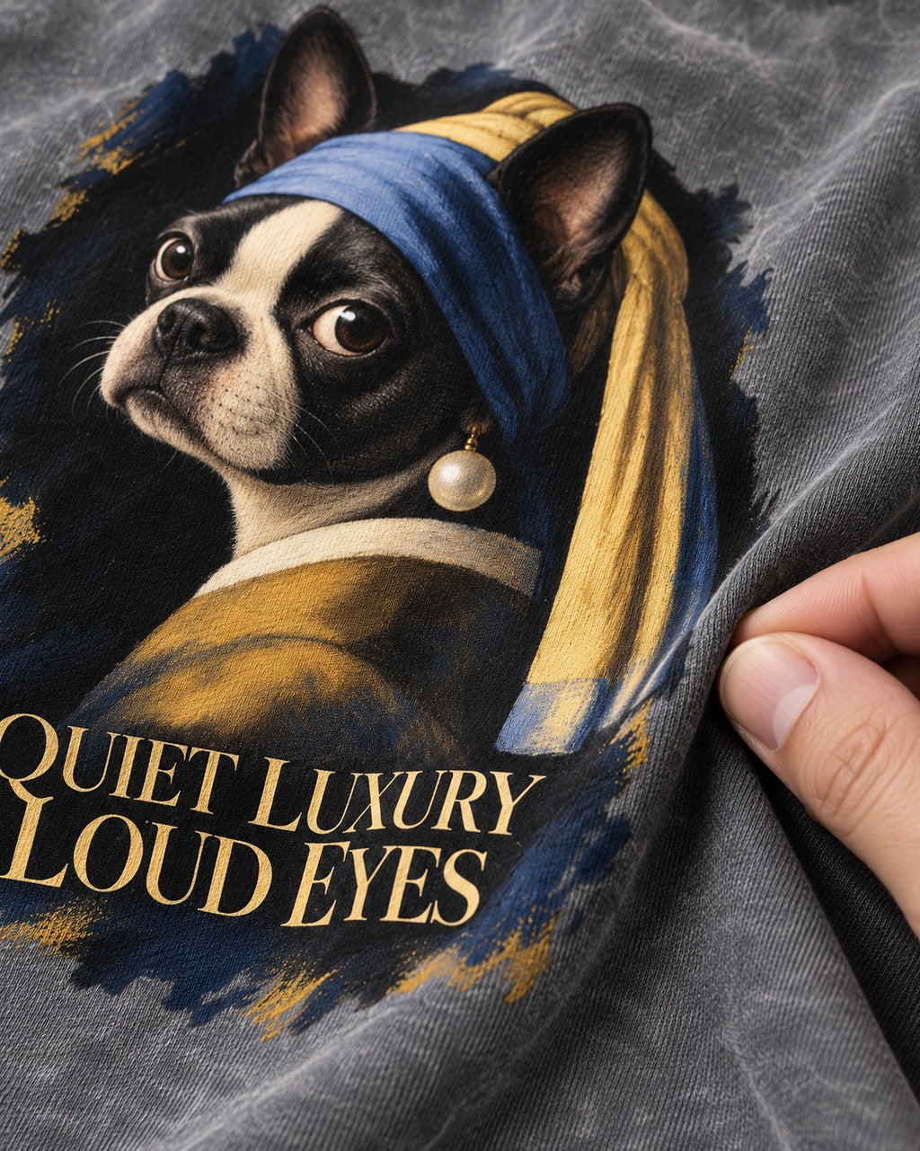 Quiet Luxury Loud Eyes Boston Terrier Pearl Portrait Washed Tee in Gray, close-up of the graphic