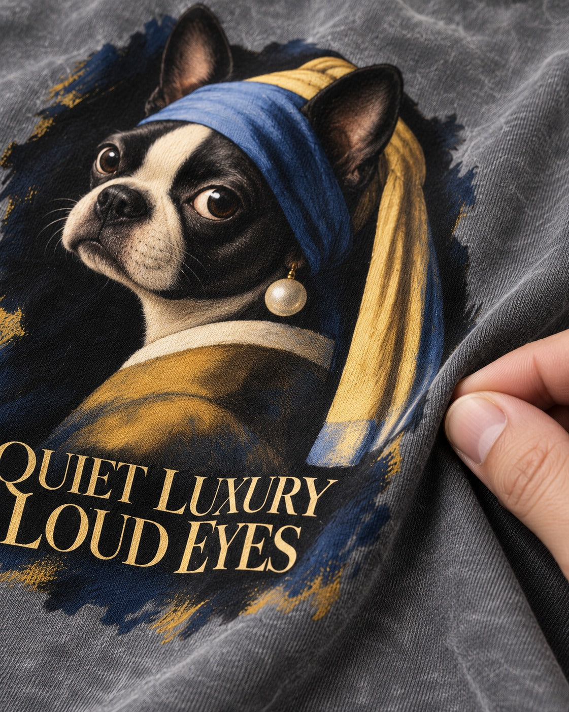 Quiet Luxury Loud Eyes Boston Terrier Pearl Portrait Washed Tee in Gray, close-up of the graphic