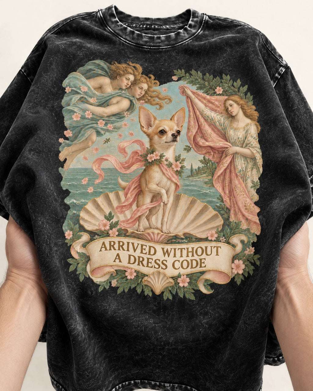Chihuahua Arrived Without a Dress Code Classical Shell Scene Washed Tee in Black, close-up of the graphic