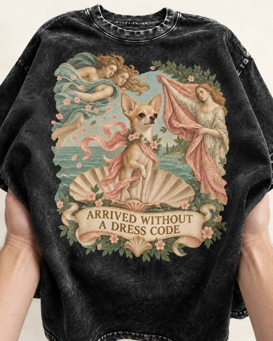 Chihuahua Arrived Without a Dress Code Classical Shell Scene Washed Tee in Black, close-up of the graphic