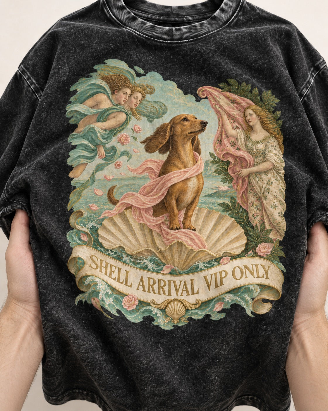 Dachshund Shell Arrival VIP Only Venus Parody Graphic Washed Tee in Black, close-up of the graphic
