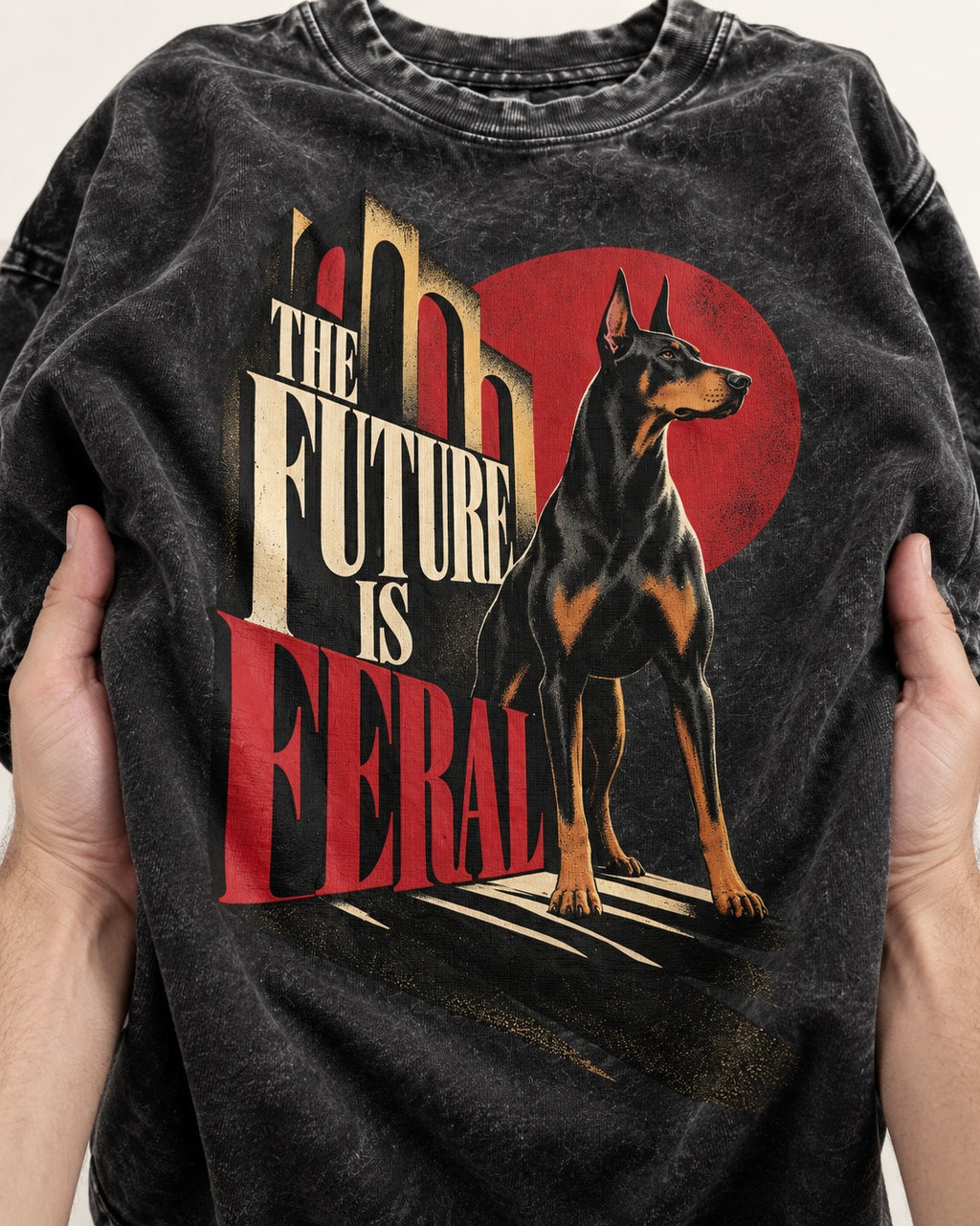 Doberman The Future Is Feral Art Deco Graphic Washed Tee in Black, close-up of the graphic