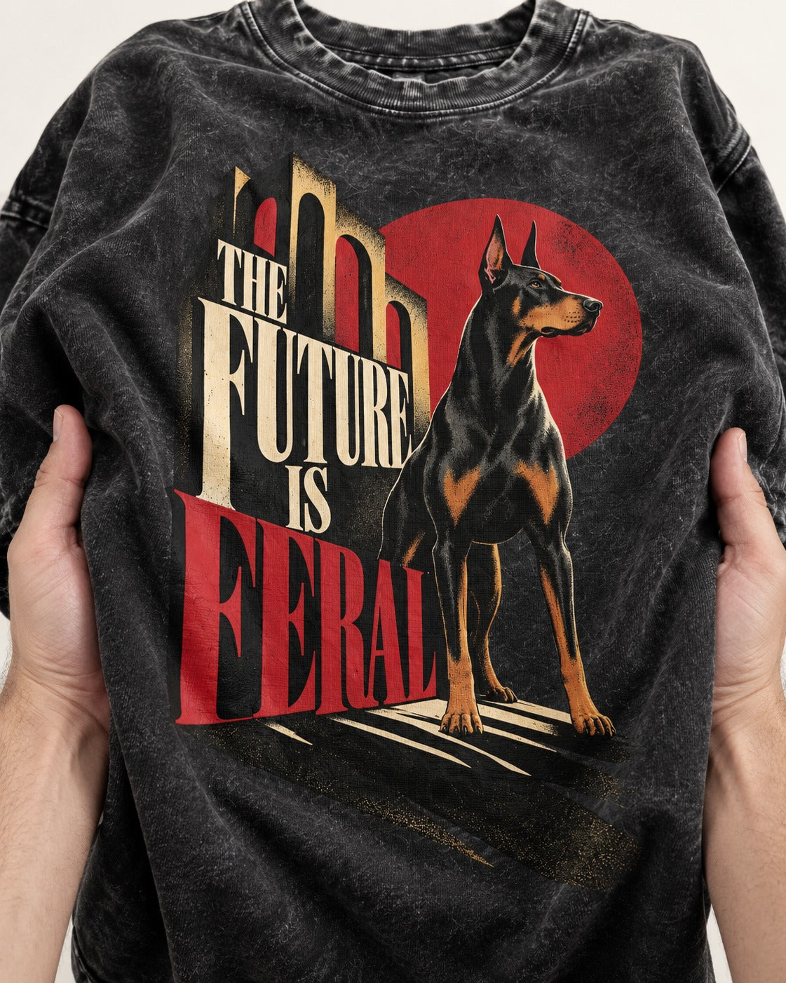 Doberman The Future Is Feral Art Deco Graphic Washed Tee in Black, close-up of the graphic