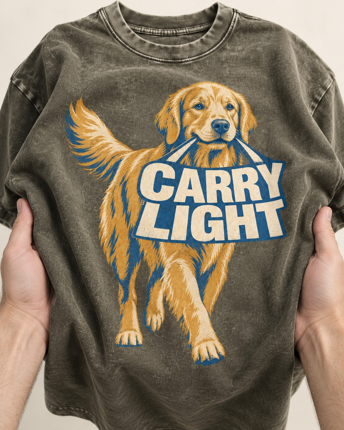 Golden Retriever Carry Light Sign Graphic Washed Tee in Army Green, close-up of the graphic