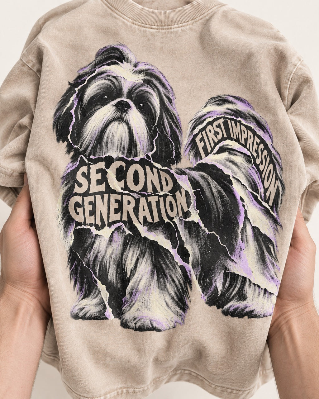 Second Generation Shih Tzu Washed Tee in Apricot, close-up of the graphic