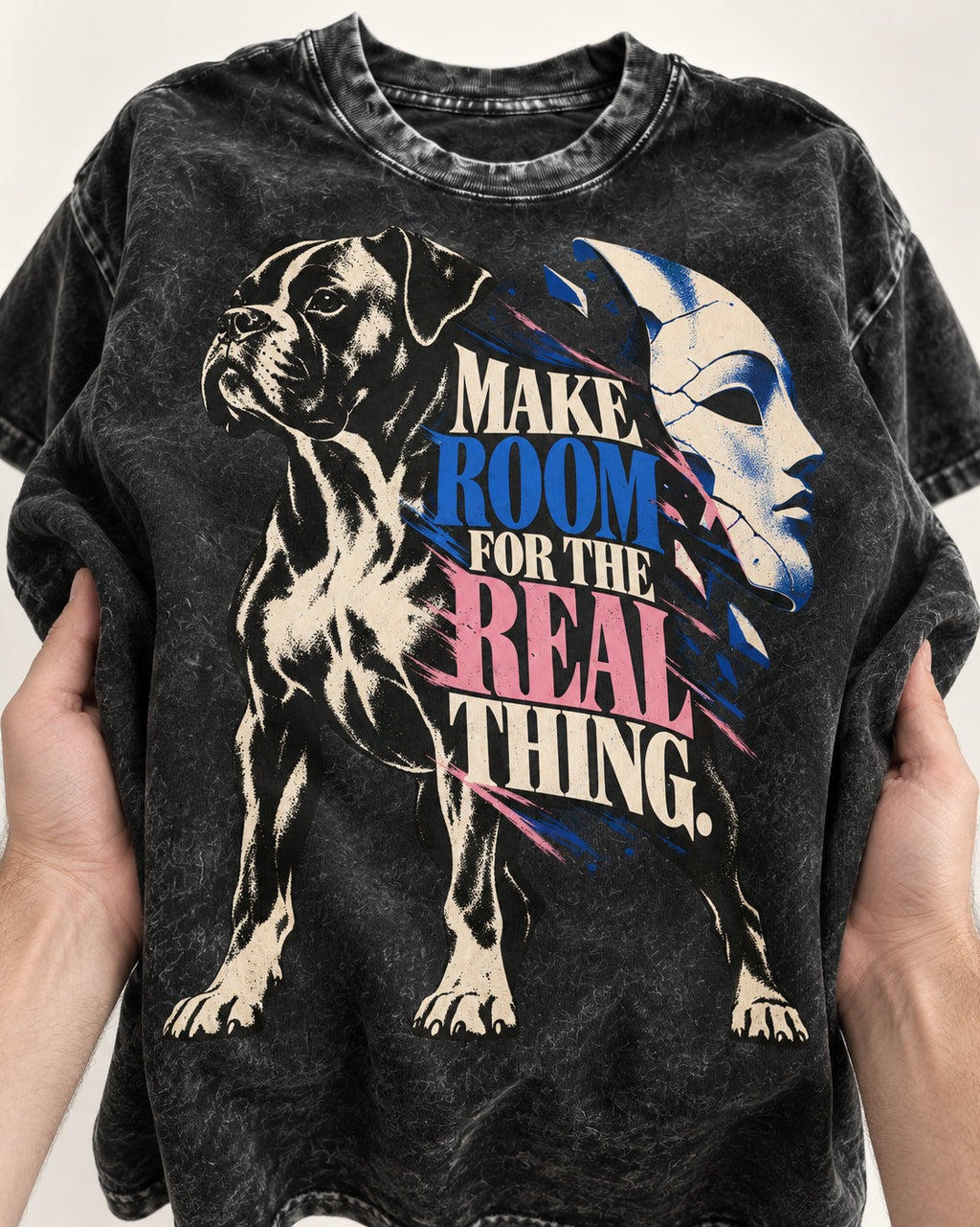 Make Room for the Real Thing Boxer Broken Mask Graphic Washed Tee in Black, close-up of the graphic