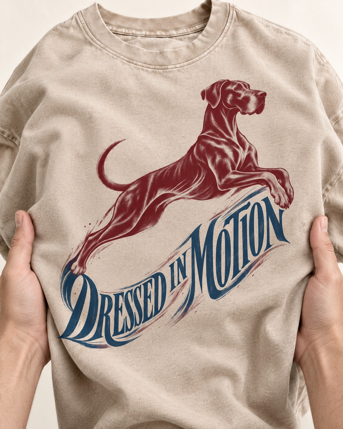 Great Dane Dressed in Motion Washed Tee in Apricot, close-up of the graphic