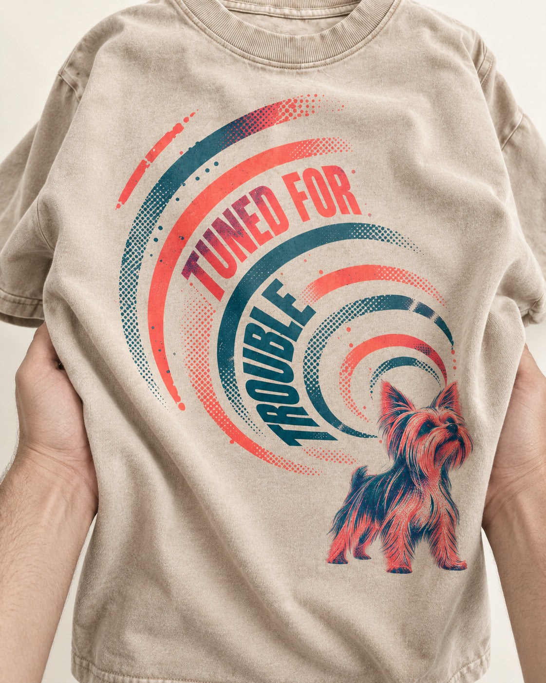 Yorkshire Terrier Tuned for Trouble Washed Tee in Apricot, close-up of the graphic