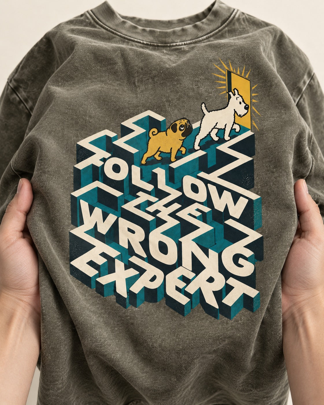 Pug Follow the Wrong Expert Isometric Maze Graphic Washed Tee in Army Green, close-up of the graphic