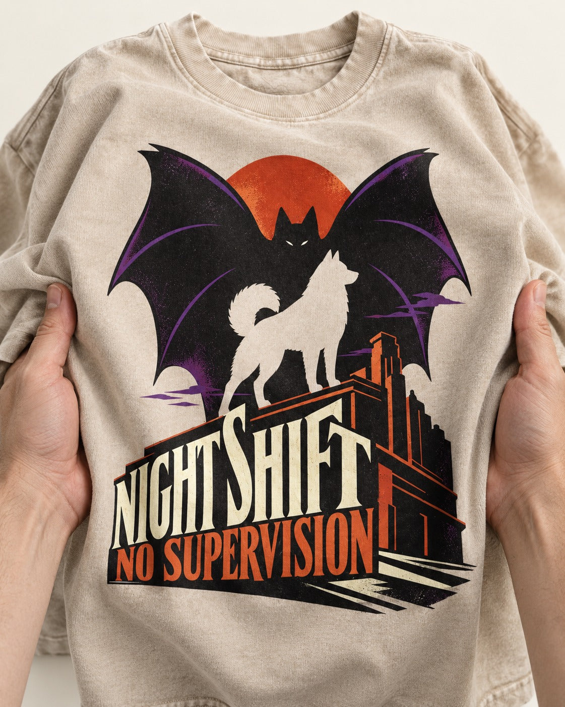 Husky Night Shift No Supervision Washed Tee in Apricot, close-up of the graphic