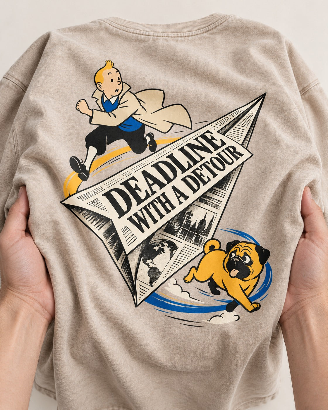 Deadline with a Pug Detour Washed Tee in Apricot, close-up of the graphic
