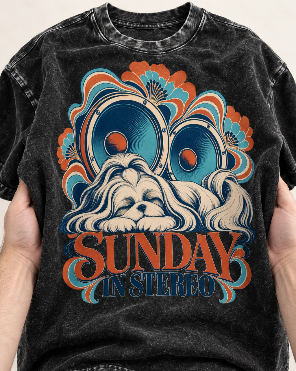 Shih Tzu Sunday in Stereo Retro Speaker Graphic Washed Tee in Black, close-up of the graphic