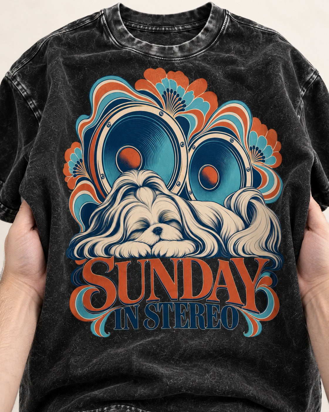 Shih Tzu Sunday in Stereo Retro Speaker Graphic Washed Tee in Black, close-up of the graphic
