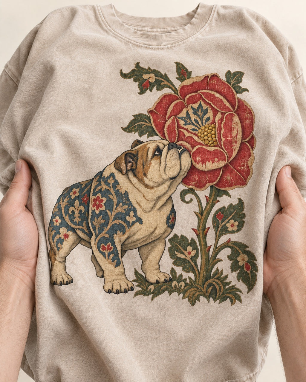 English Bulldog Tender Devotion Washed Tee in Apricot, close-up of the graphic