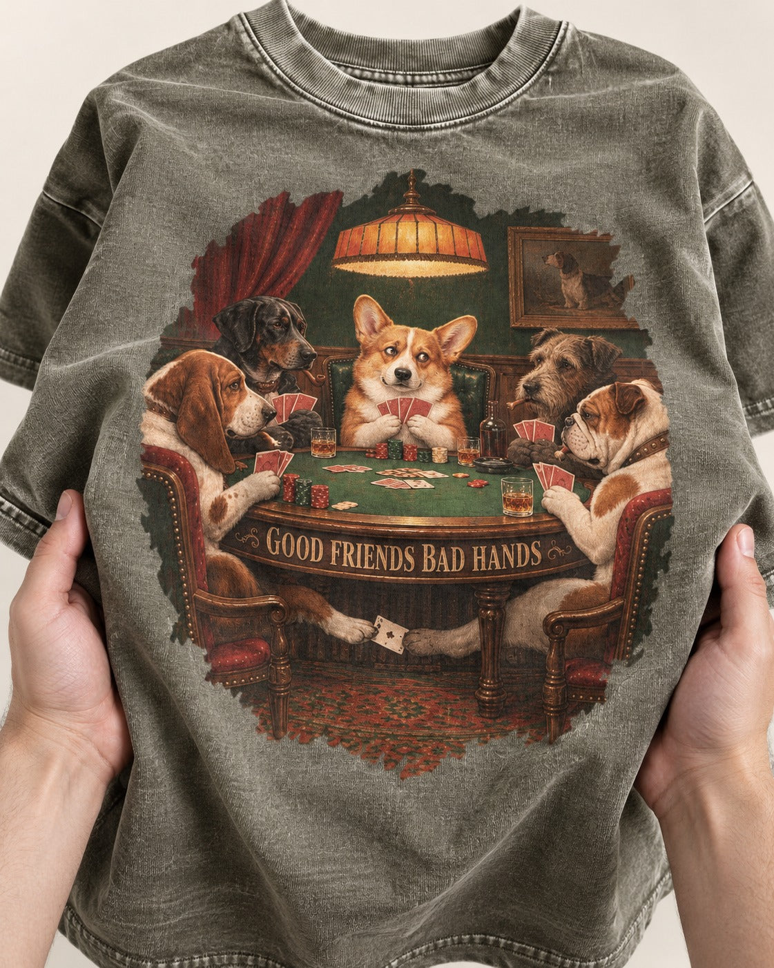 Corgi Good Friends Bad Hands Poker Night Washed Tee in Army Green, close-up of the graphic