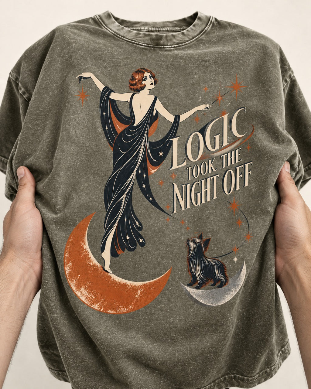 Yorkshire Terrier Logic Took the Night Off Art Deco Graphic Washed Tee in Army Green, close-up of the graphic