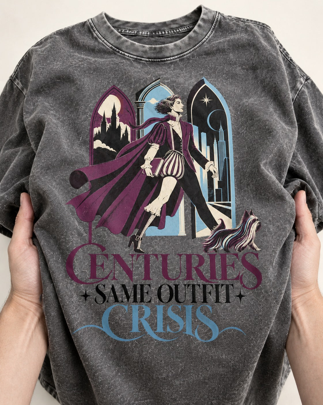Yorkshire Terrier Centuries Same Outfit Crisis Gothic Graphic Washed Tee in Gray, close-up of the graphic