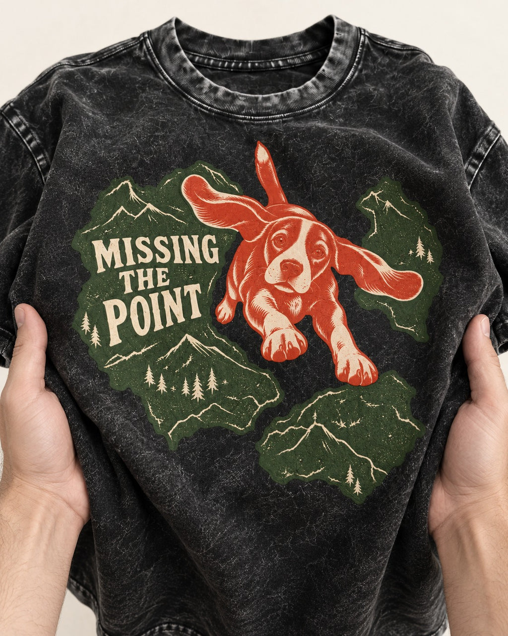 Missing The Point Beagle Trail Washed Tee in Black, close-up of the graphic