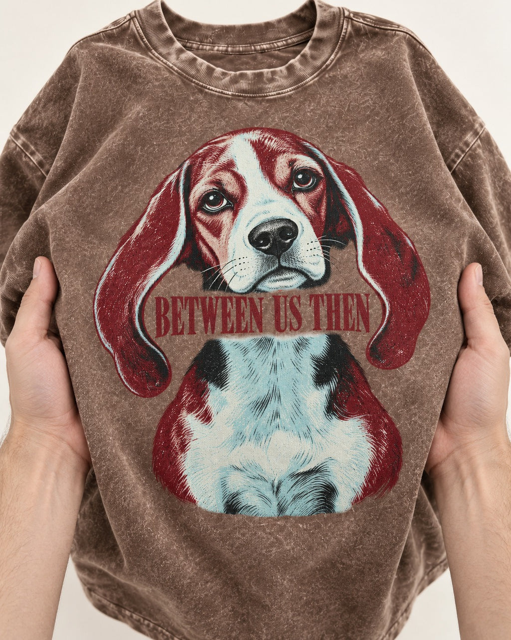 Beagle Between Us Then Washed Tee in Coffee, close-up of the graphic