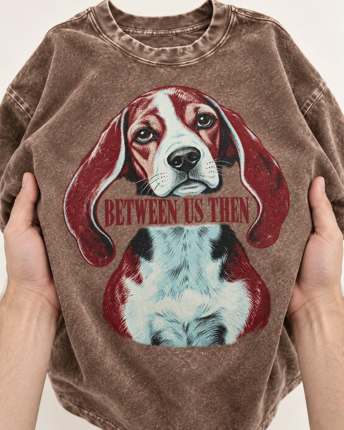 Beagle Between Us Then Washed Tee in Coffee, close-up of the graphic