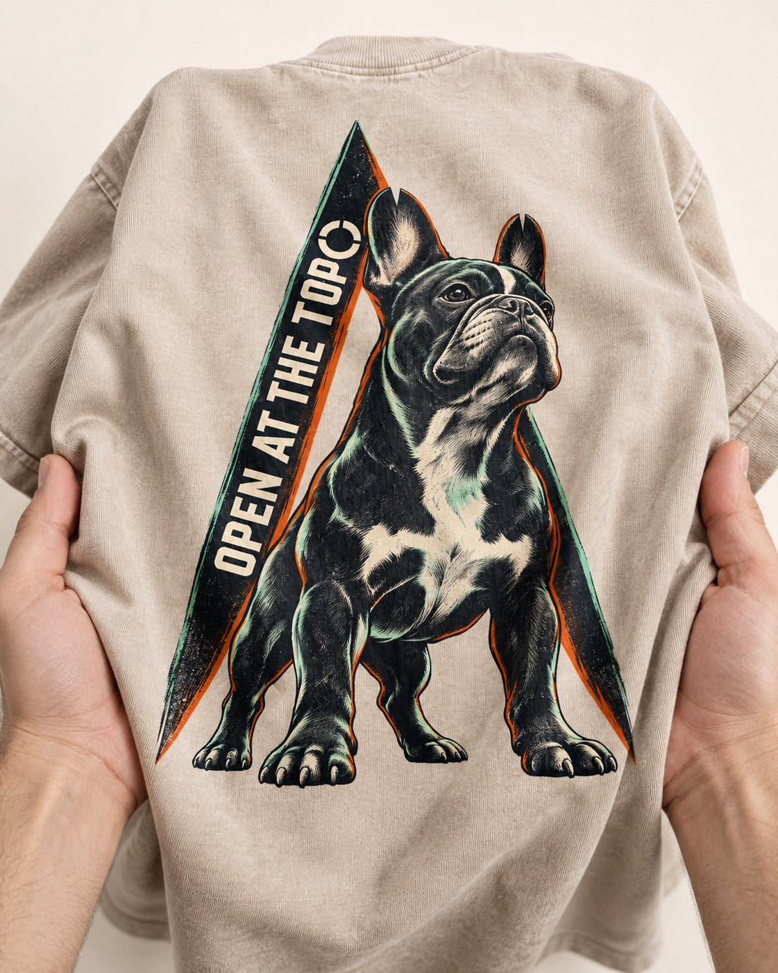 Frenchie Open at the Top Washed Tee in Apricot, close-up of the graphic