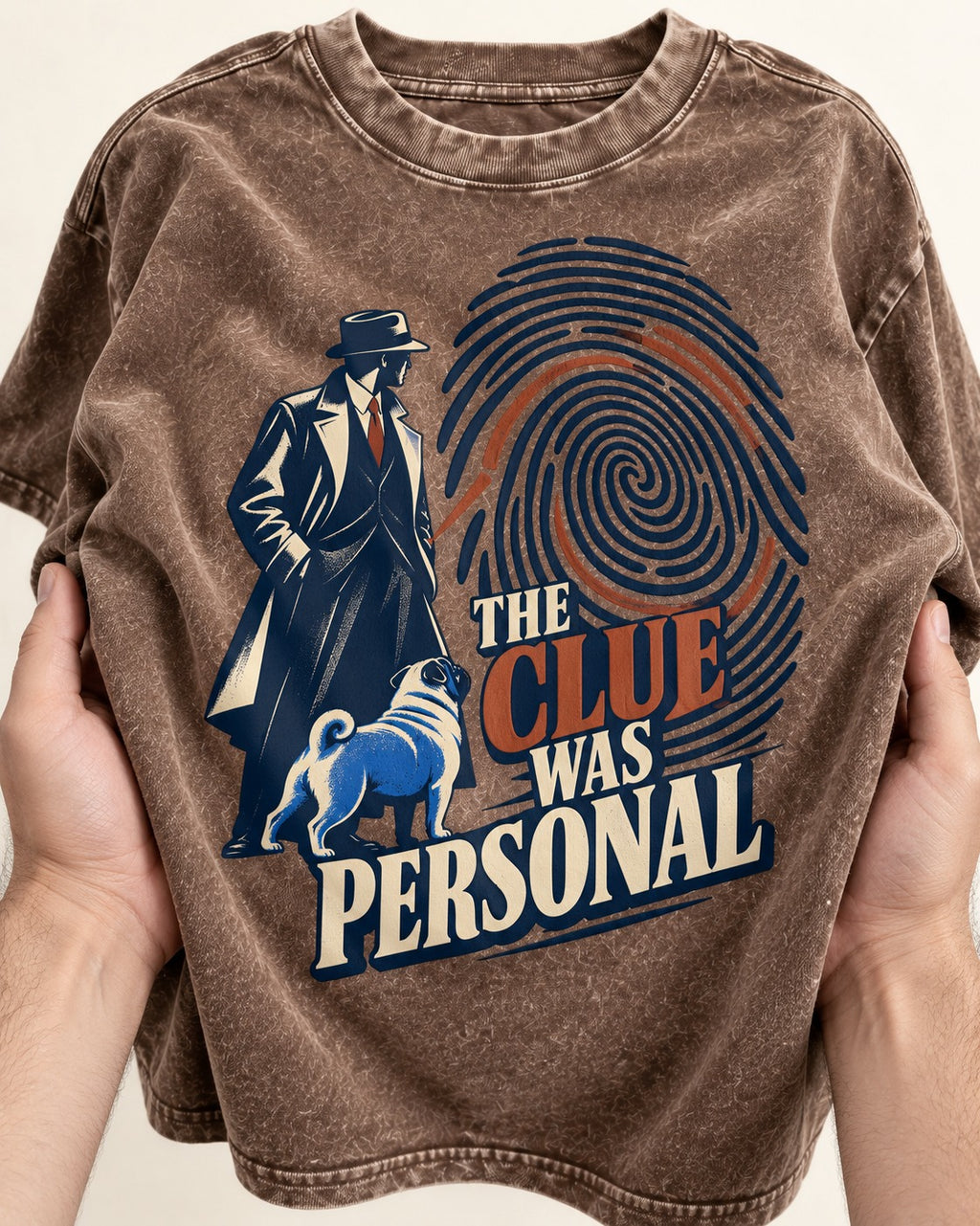 The Pug Clue Was Personal Washed Tee in Coffee, close-up of the graphic