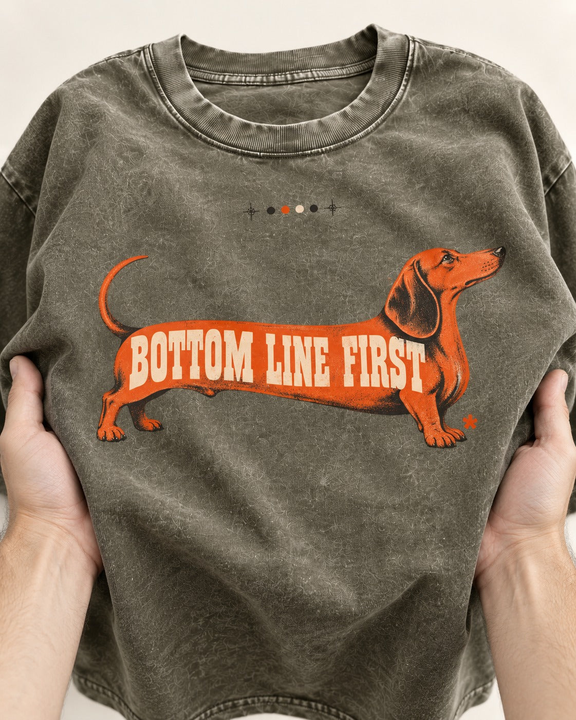 Dachshund Bottom Line First Body Lettering Graphic Washed Tee in Army Green, close-up of the graphic
