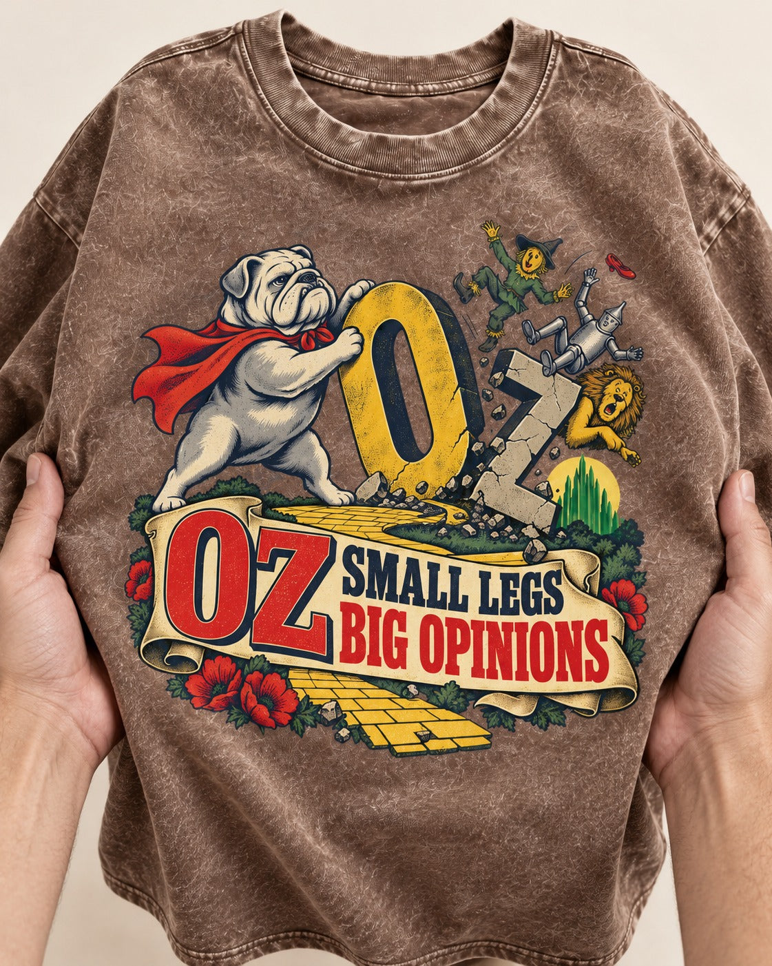 English Bulldog Small Legs Big Opinions Washed Tee in Coffee, close-up of the graphic