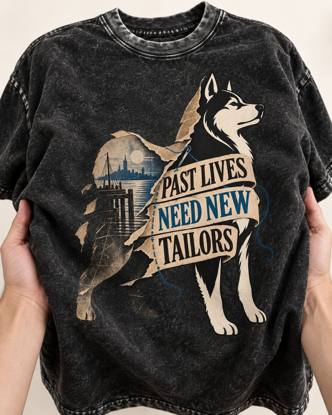 Husky Past Lives Need New Tailors Split Identity Graphic Washed Tee in Black, close-up of the graphic