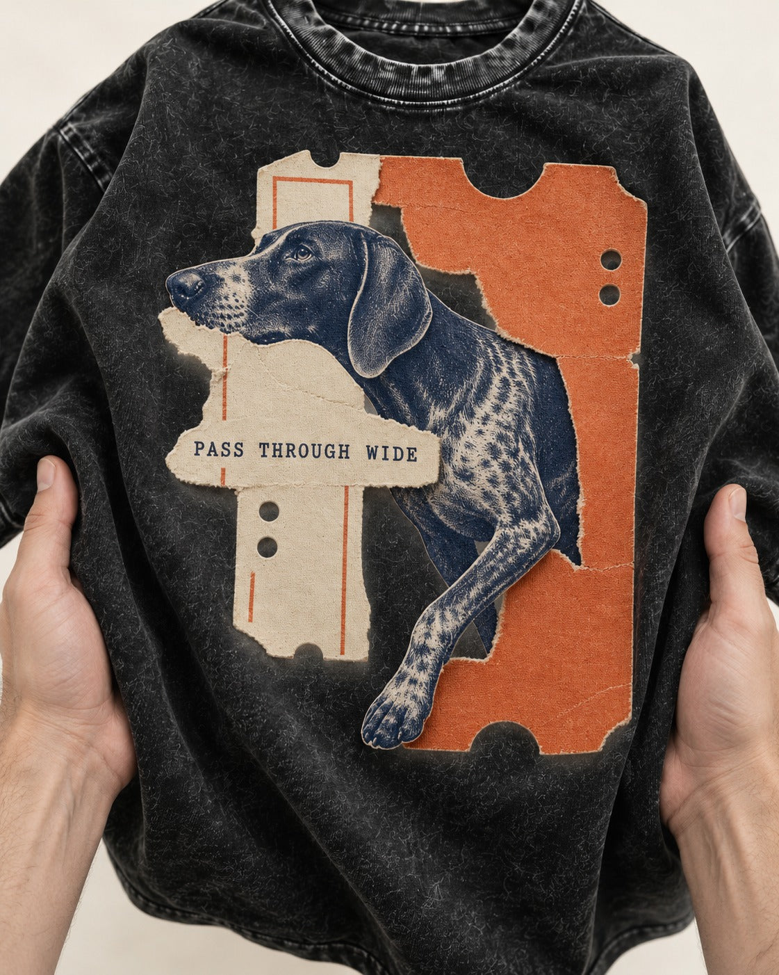 German Shorthaired Pointer Pass Through Wide Ticket Graphic Washed Tee in Black, close-up of the graphic