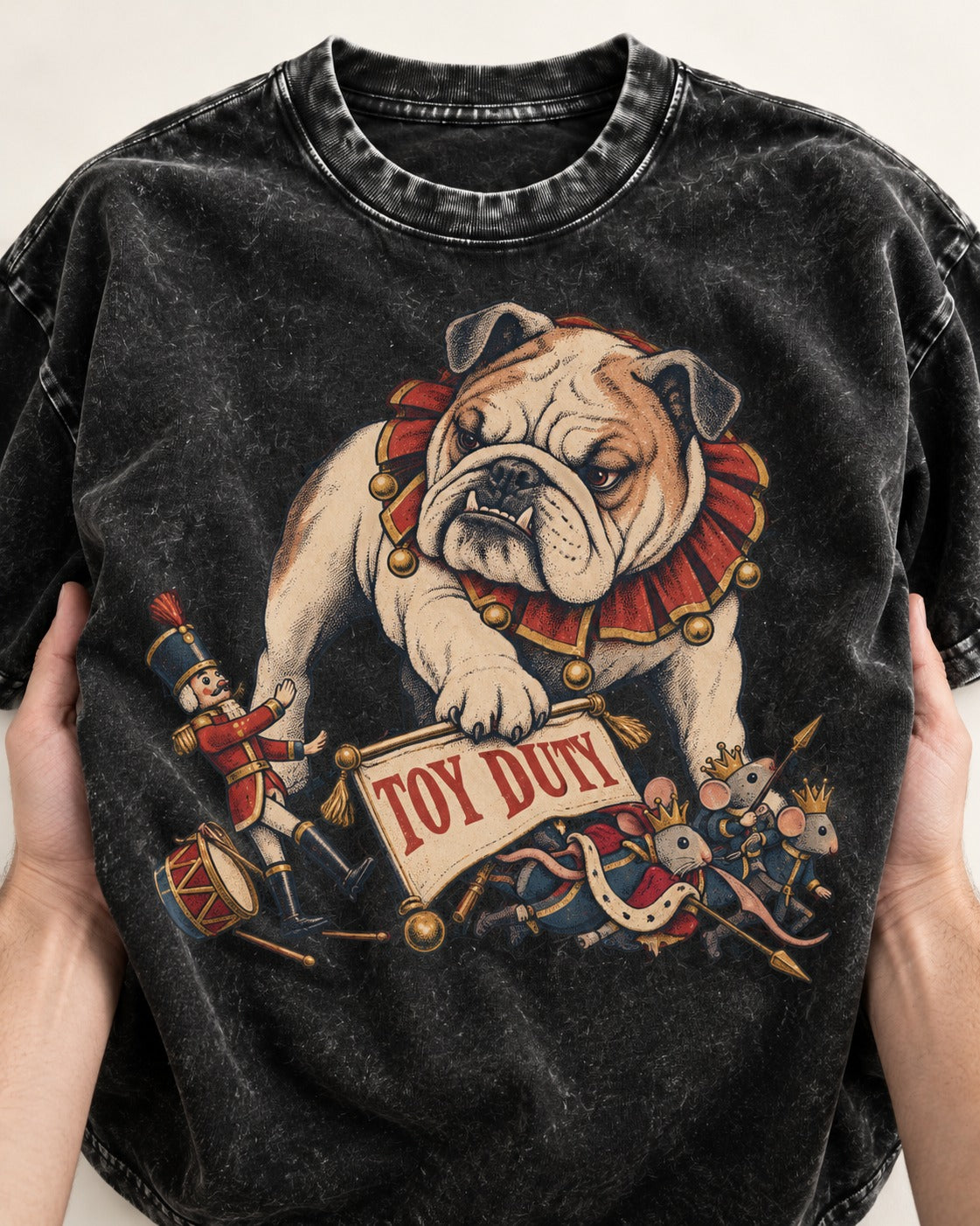 English Bulldog Toy Duty Nutcracker Mice Washed Tee in Black, close-up of the graphic