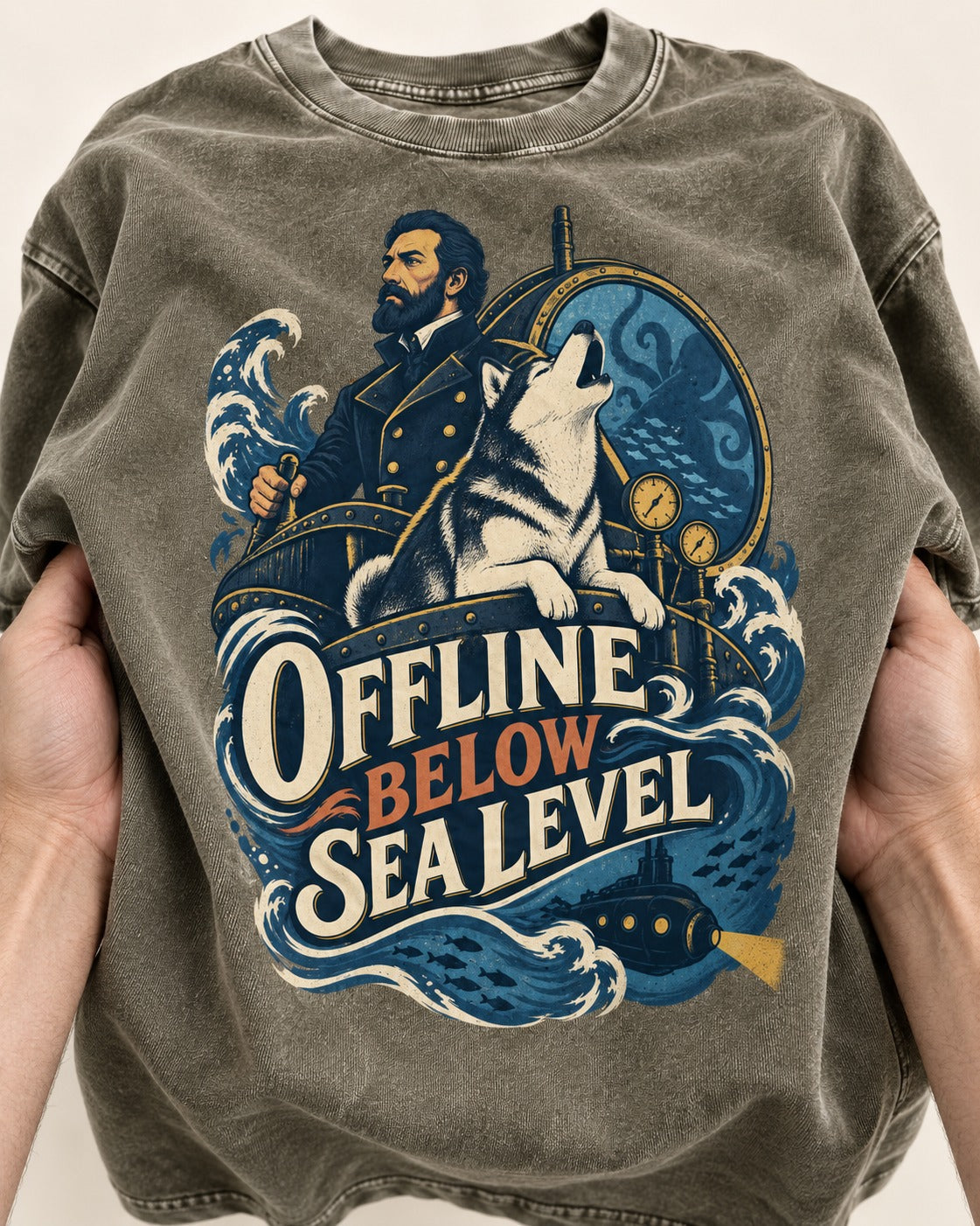 Husky Offline Below Sea Level Nautical Submarine Graphic Washed Tee in Army Green, close-up of the graphic