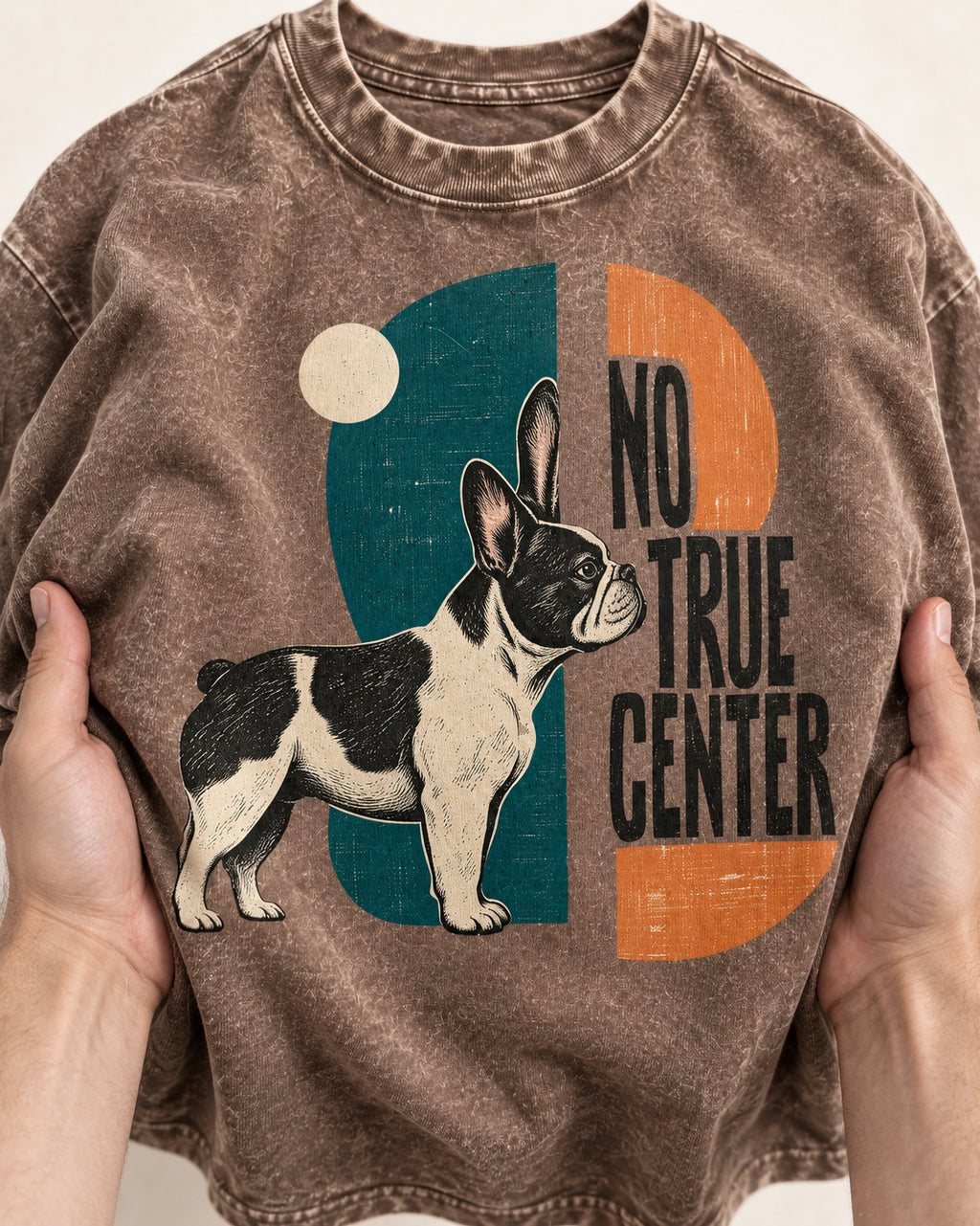 No True Center Frenchie Washed Tee in Coffee, close-up of the graphic