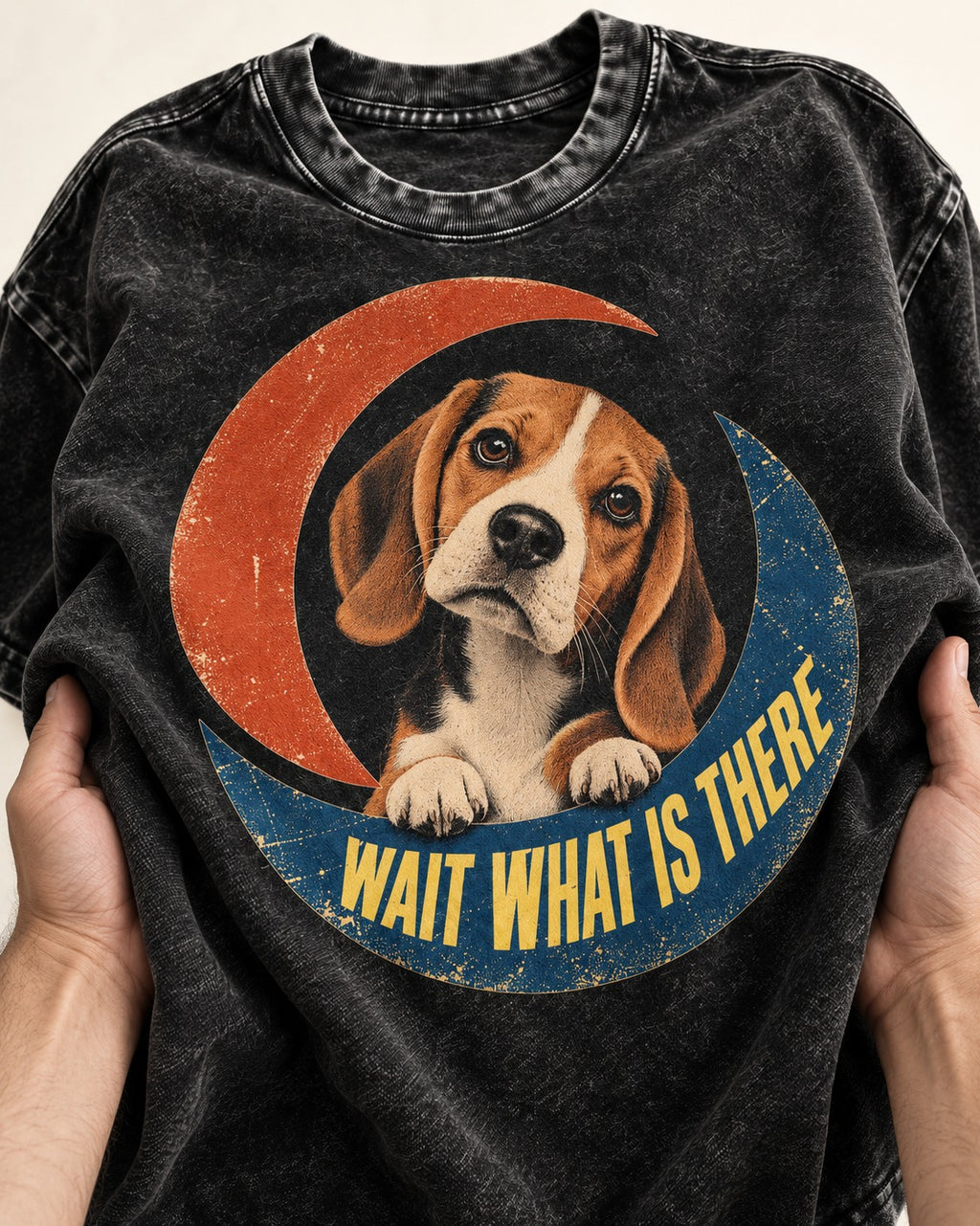 Wait What Is There Beagle Crescent Washed Tee in Black, close-up of the graphic