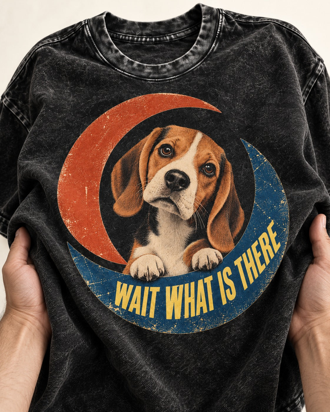 Wait What Is There Beagle Crescent Washed Tee in Black, close-up of the graphic