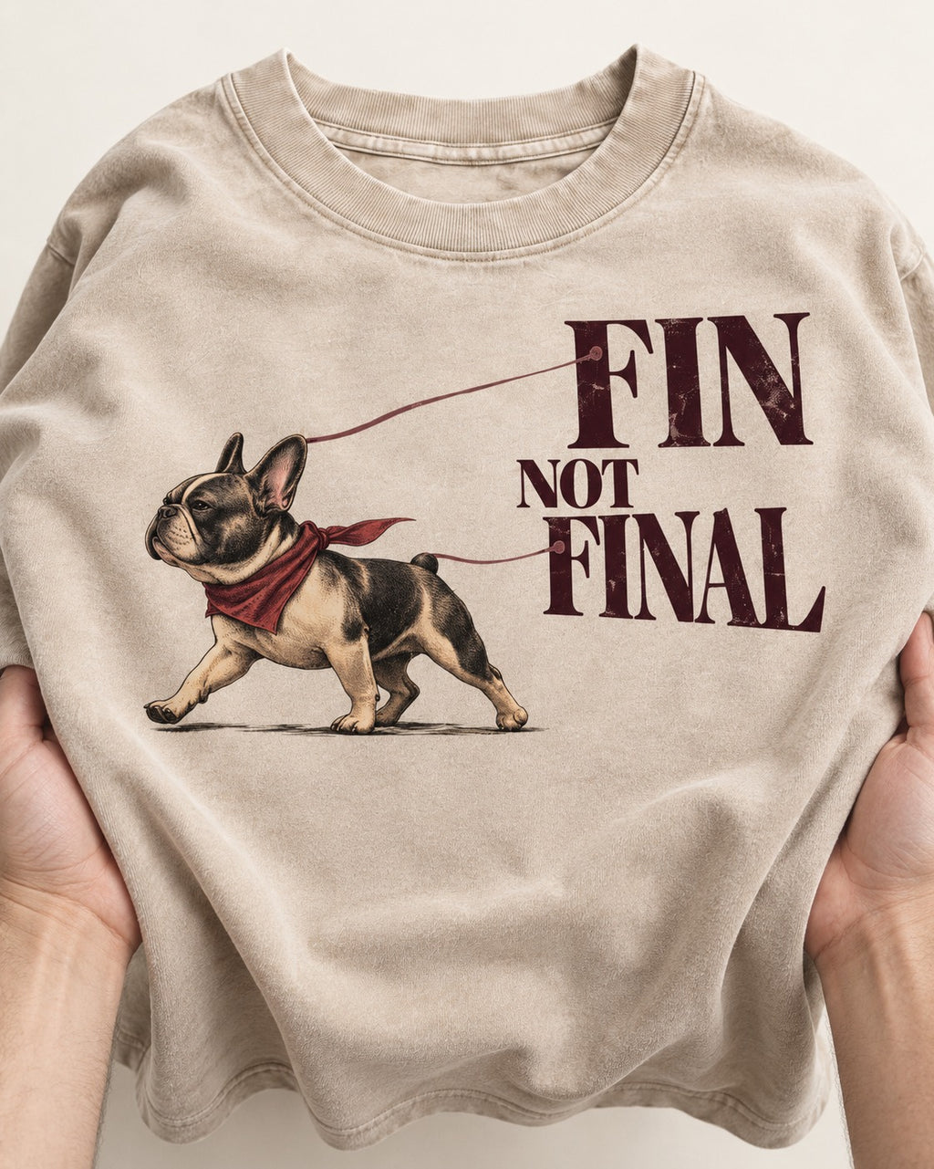 Frenchie Fin Not Final Washed Tee in Apricot, close-up of the graphic