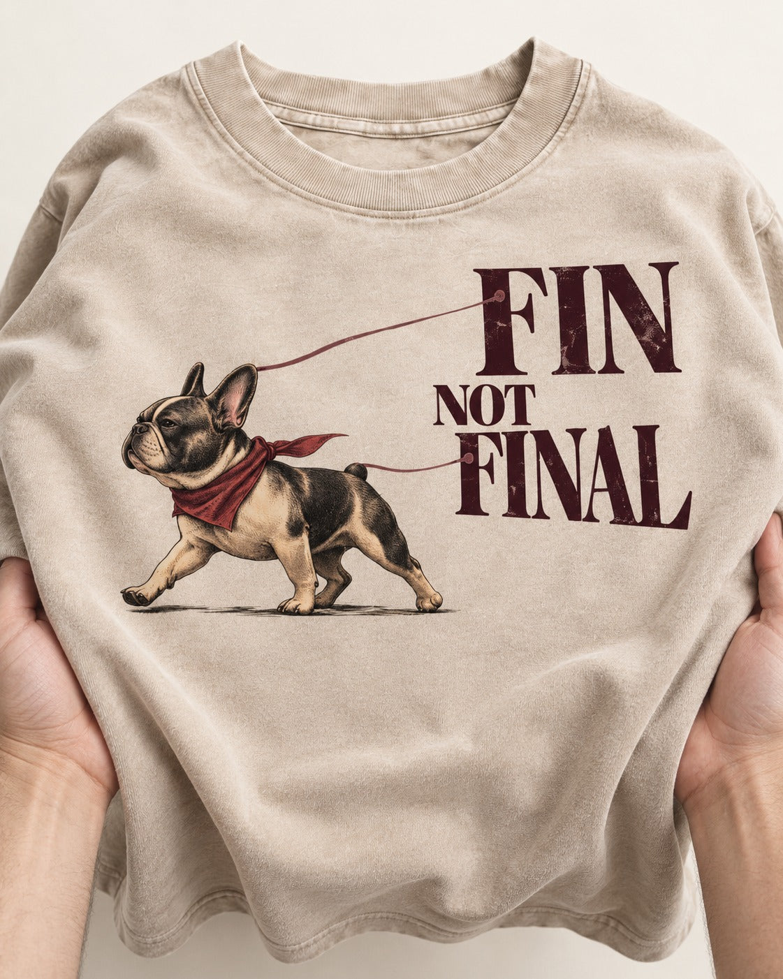 Frenchie Fin Not Final Washed Tee in Apricot, close-up of the graphic