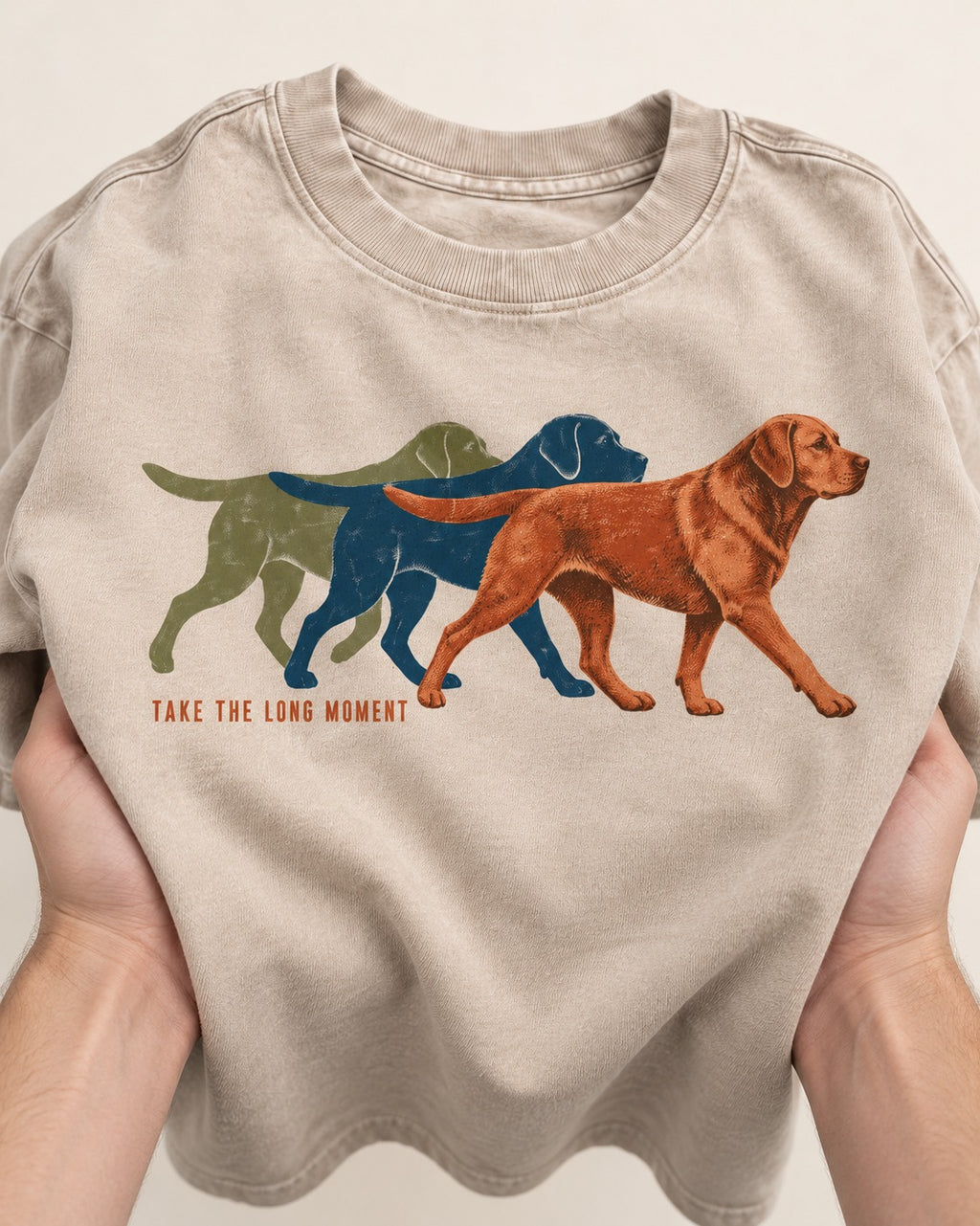 Take the Long Moment Labrador Retriever Washed Tee in Apricot, close-up of the graphic