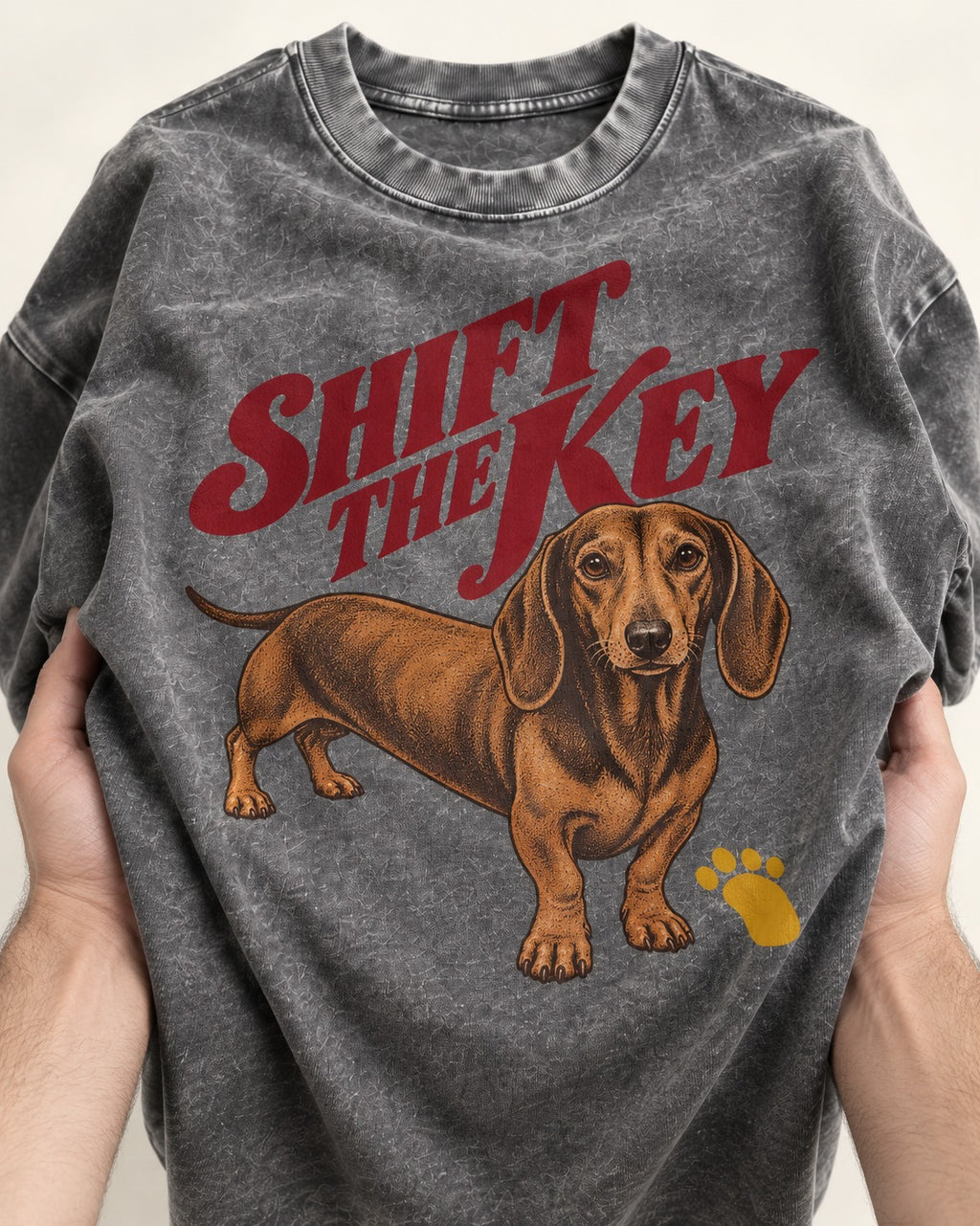 Dachshund Shift The Key Pawprint Graphic Washed Tee in Gray, close-up of the graphic