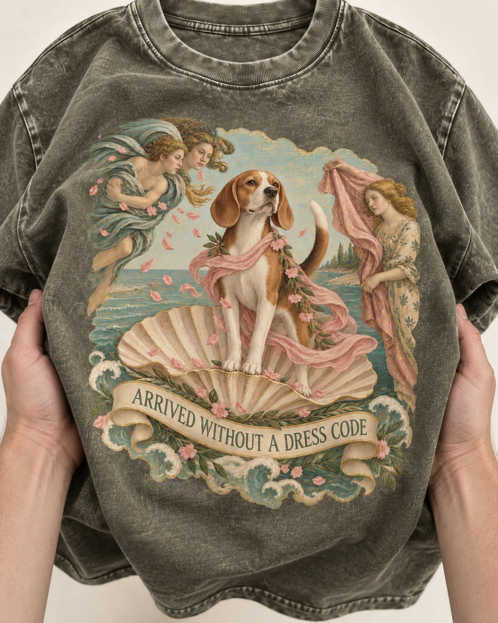 Beagle Arrived Without A Dress Code Washed Tee in Army Green, close-up of the graphic