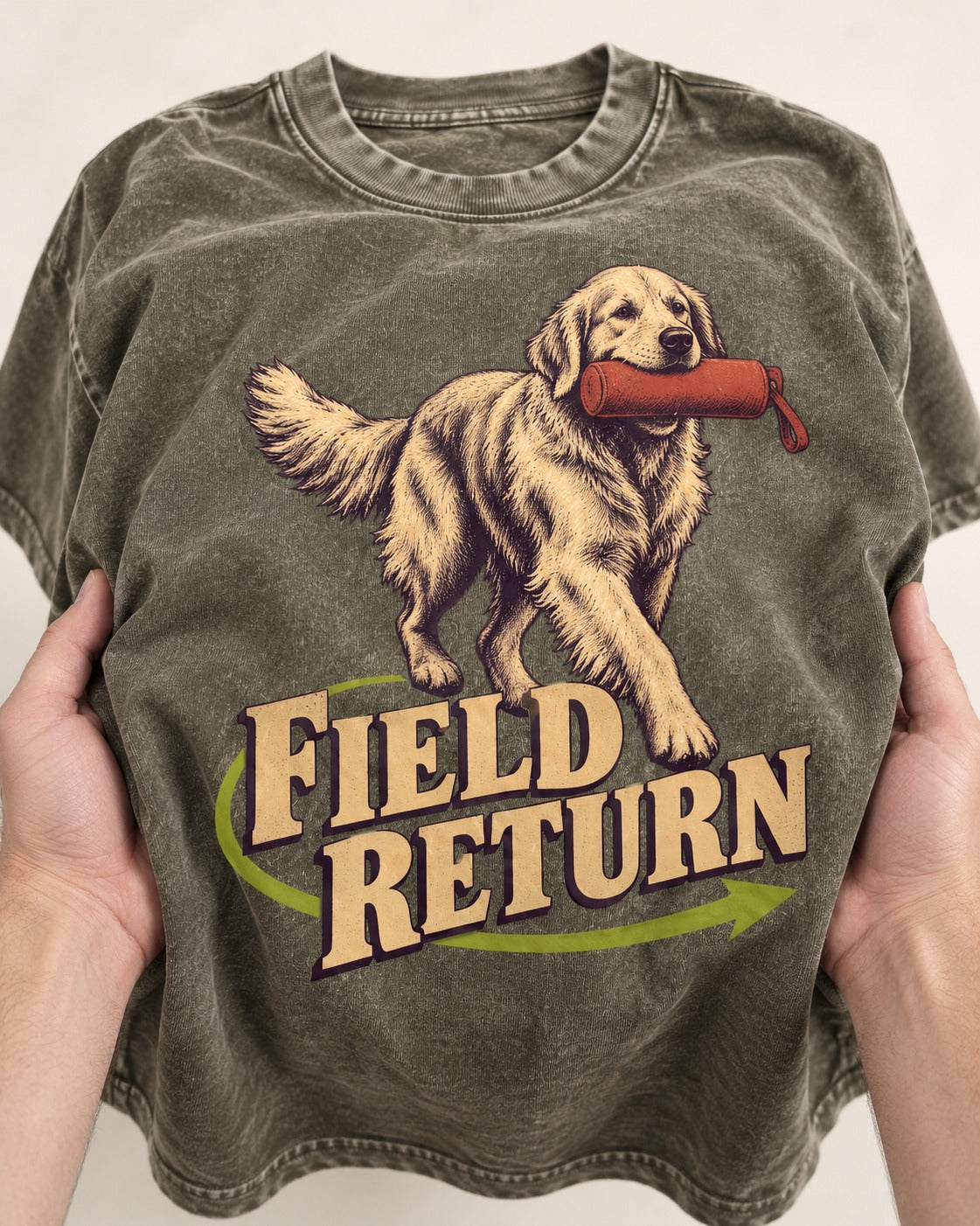 Golden Retriever Field Return Training Dummy Graphic Washed Tee in Army Green, close-up of the graphic
