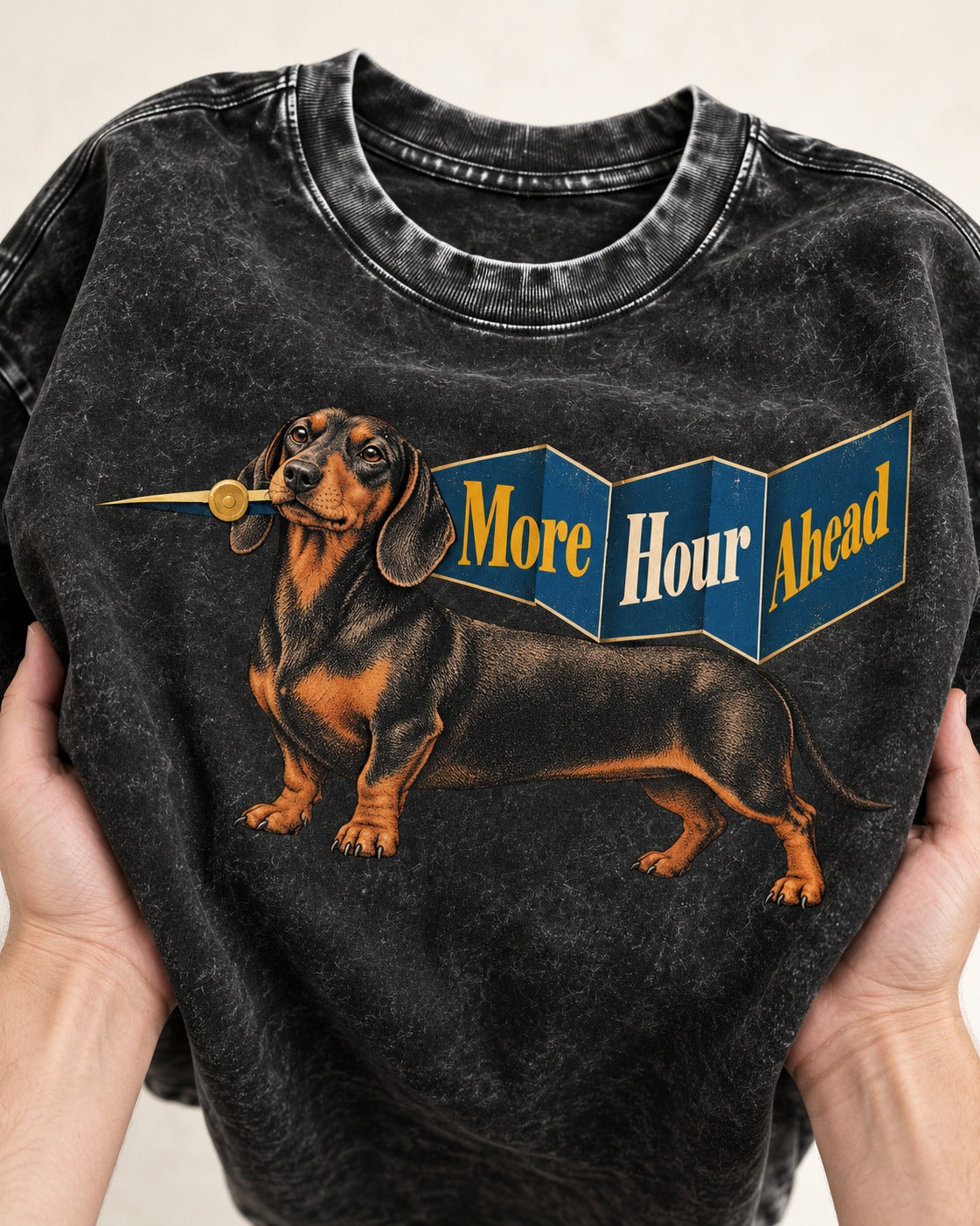 Dachshund More Hour Ahead Foldout Banner Graphic Washed Tee in Black, close-up of the graphic