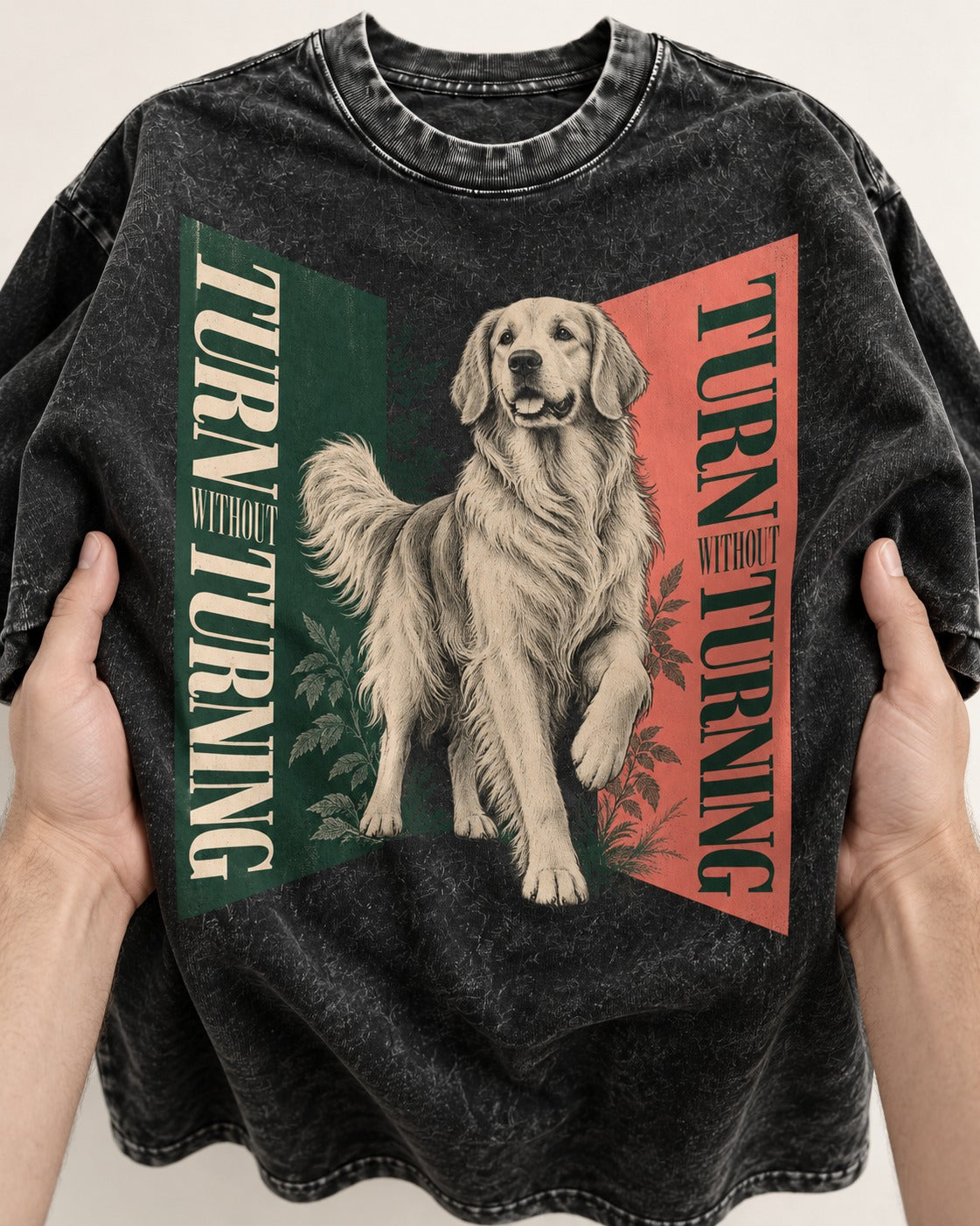 Golden Retriever Turn Without Turning Gateway Graphic Washed Tee in Black, close-up of the graphic
