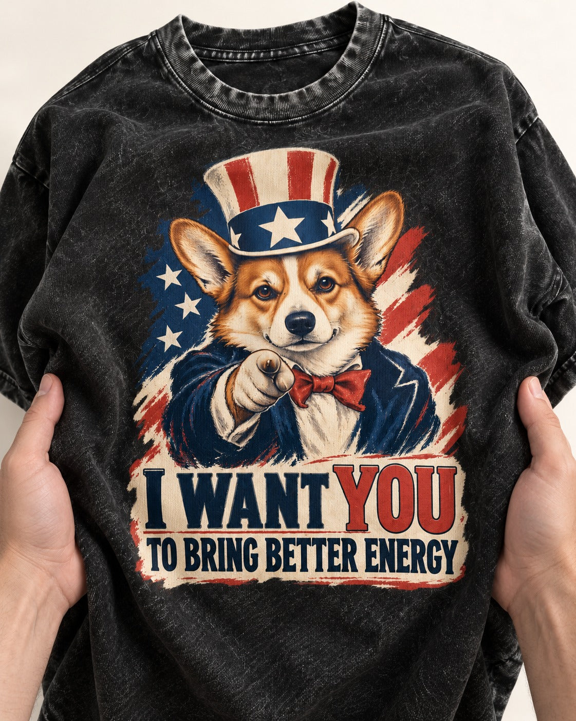 Corgi I Want You to Bring Better Energy Uncle Sam Washed Tee in Black, close-up of the graphic