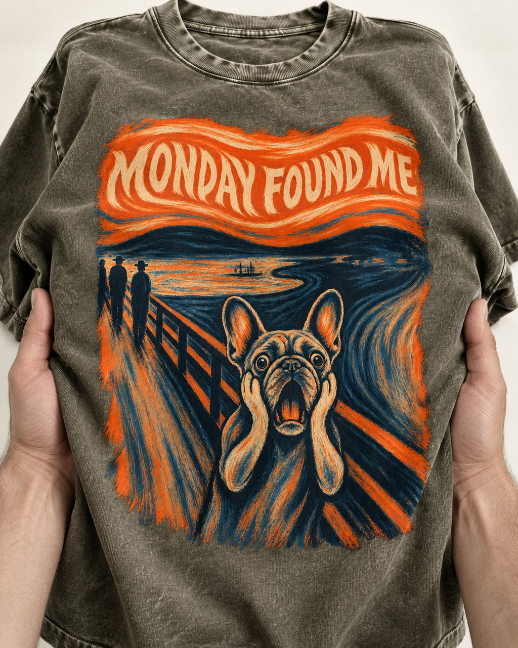 Frenchie Monday Found Me Scream Graphic 194 Washed Tee in Army Green, close-up of the graphic