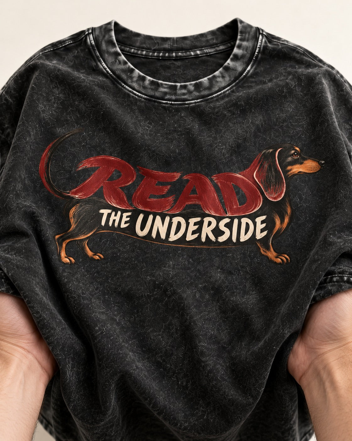 Dachshund Read The Underside Body Lettering Graphic Washed Tee in Black, close-up of the graphic