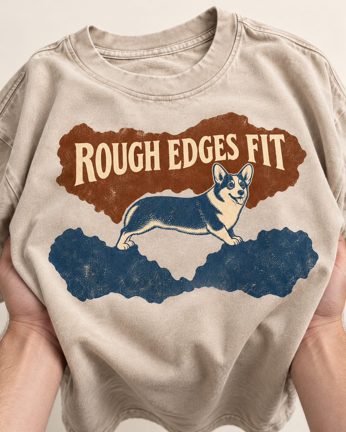 Corgi's Rough Edges Fit Washed Tee in Apricot, close-up of the graphic