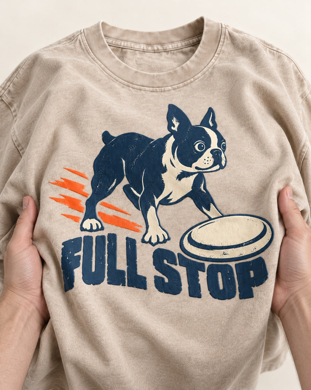 Boston Terrier Full Stop Washed Tee in Apricot, close-up of the graphic