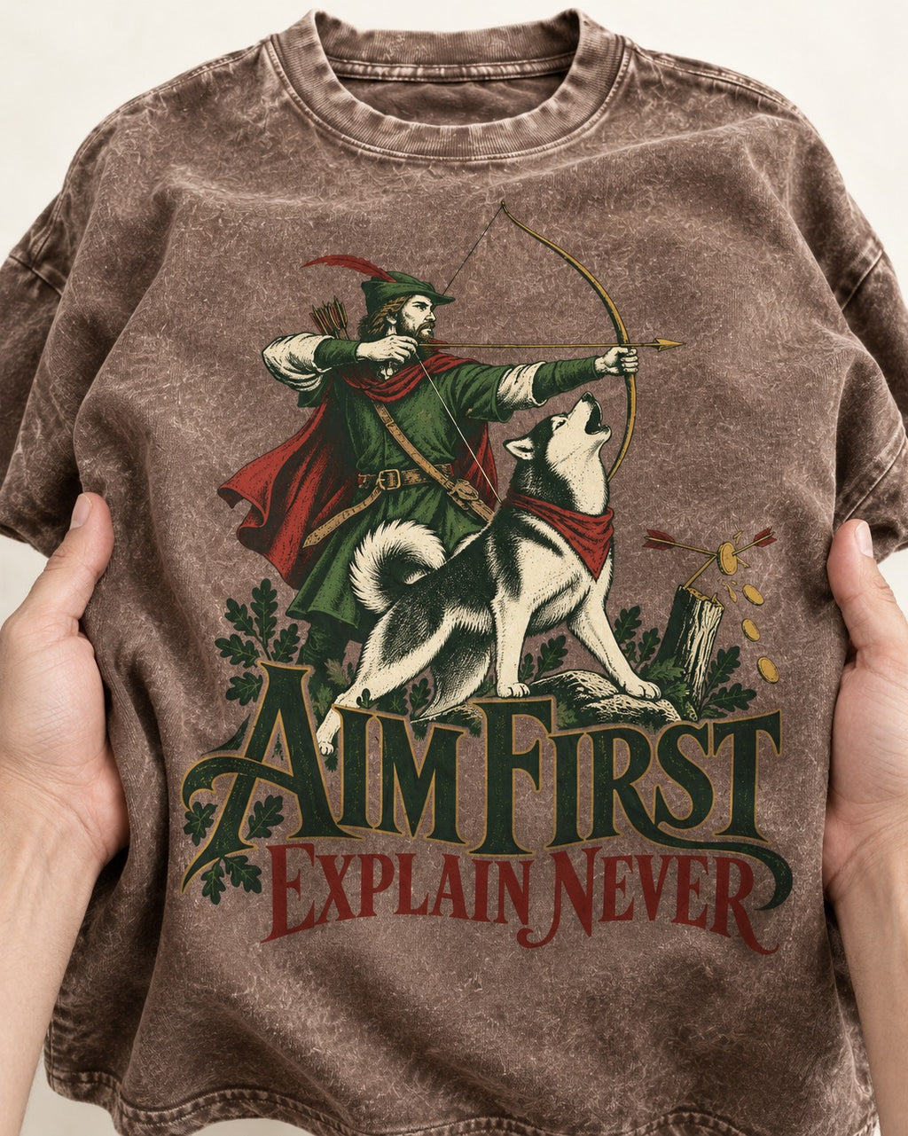 Husky Aim First Explain Never Washed Tee in Coffee, close-up of the graphic